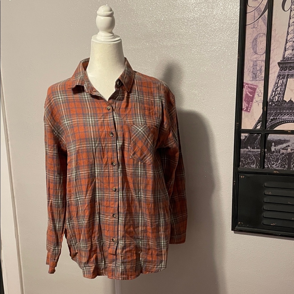 Orange Plaid Flannel Button-Up Shirt